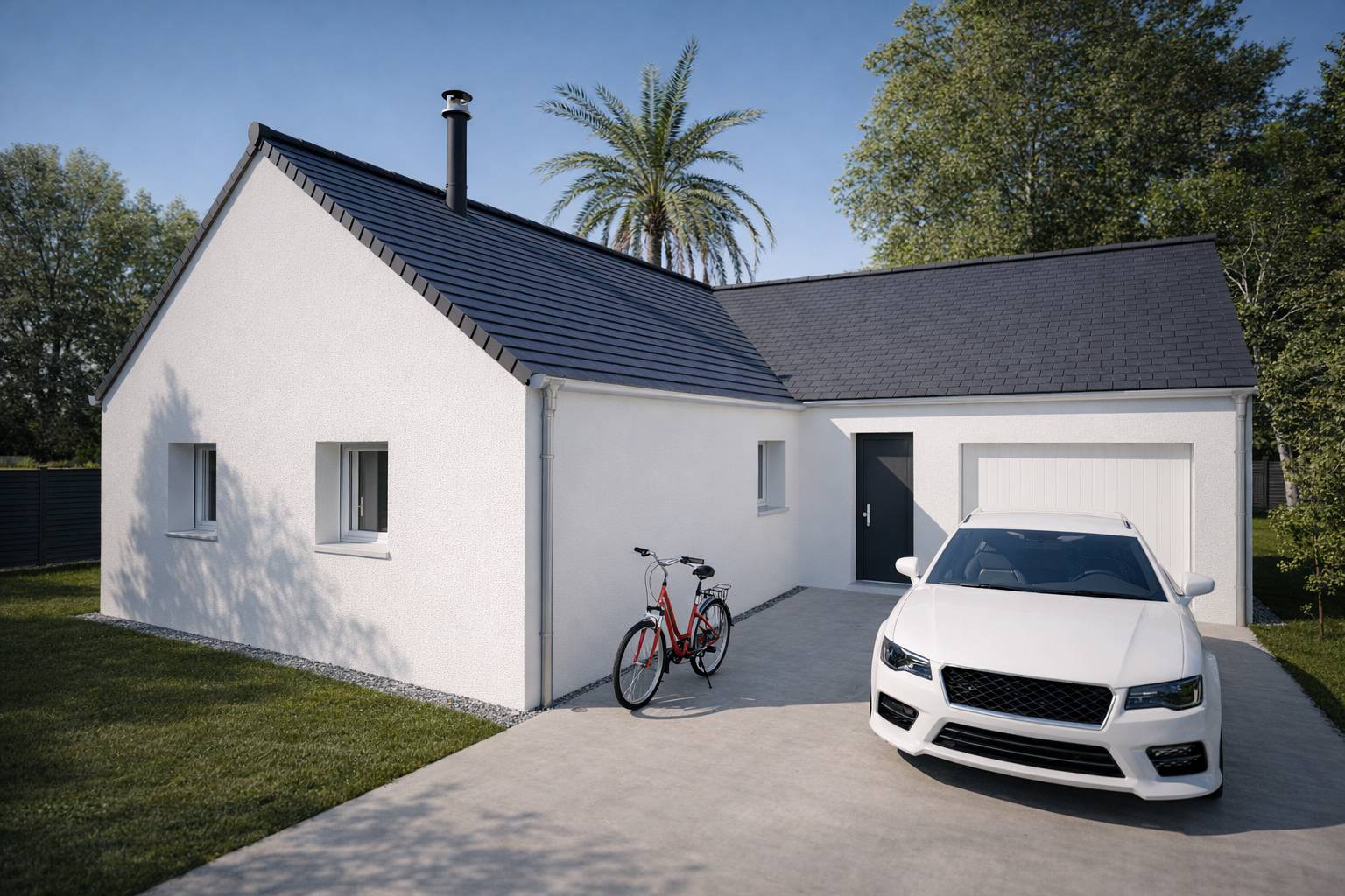 Façade avant maison plain-pied PPL-82-3-Gi en rendu 3D — enduit blanc toiture ardoise noire avec palmier Demeurance
