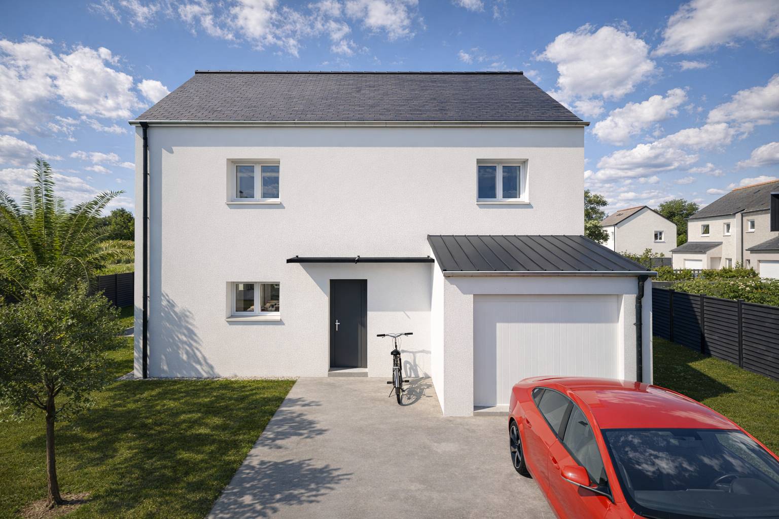 Vue frontale façade avant maison individuelle à étage E-119-5-Gi — enduit blanc porte anthracite Demeurance