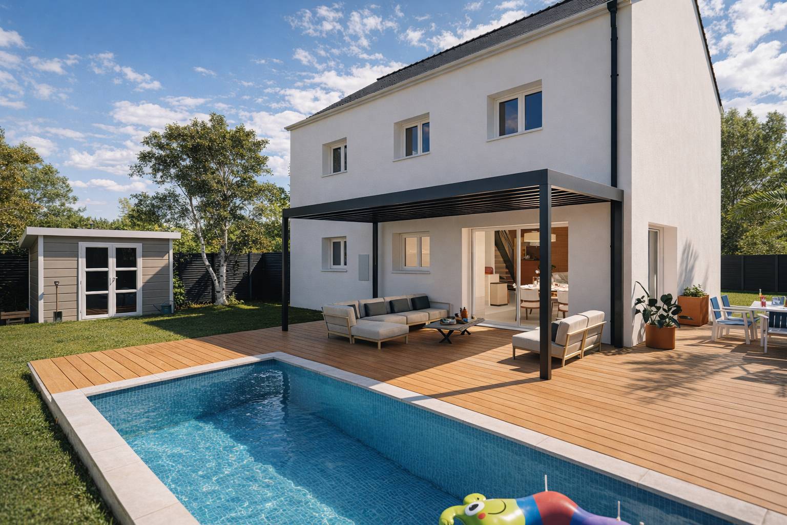Piscine arrière et terrasse bois avec pergola bioclimatique — façade arrière modèle E-119-5-Gi Demeurance