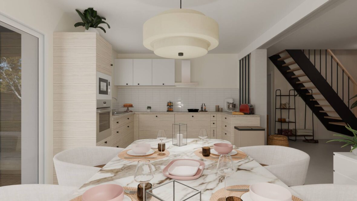 Cuisine et salle à manger avec table marbre rose et escalier intérieur — modèle E-119-5-Gi Demeurance