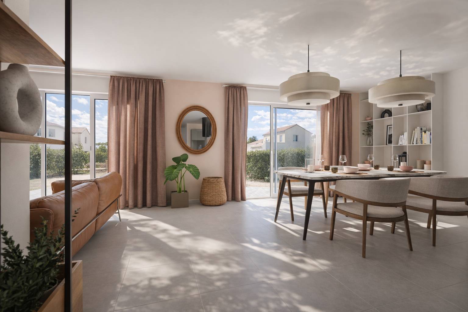 Salle à manger spacieuse avec canapé cuir cognac table marbre et grandes baies vitrées — modèle PPL-89-3-Gi Demeurance