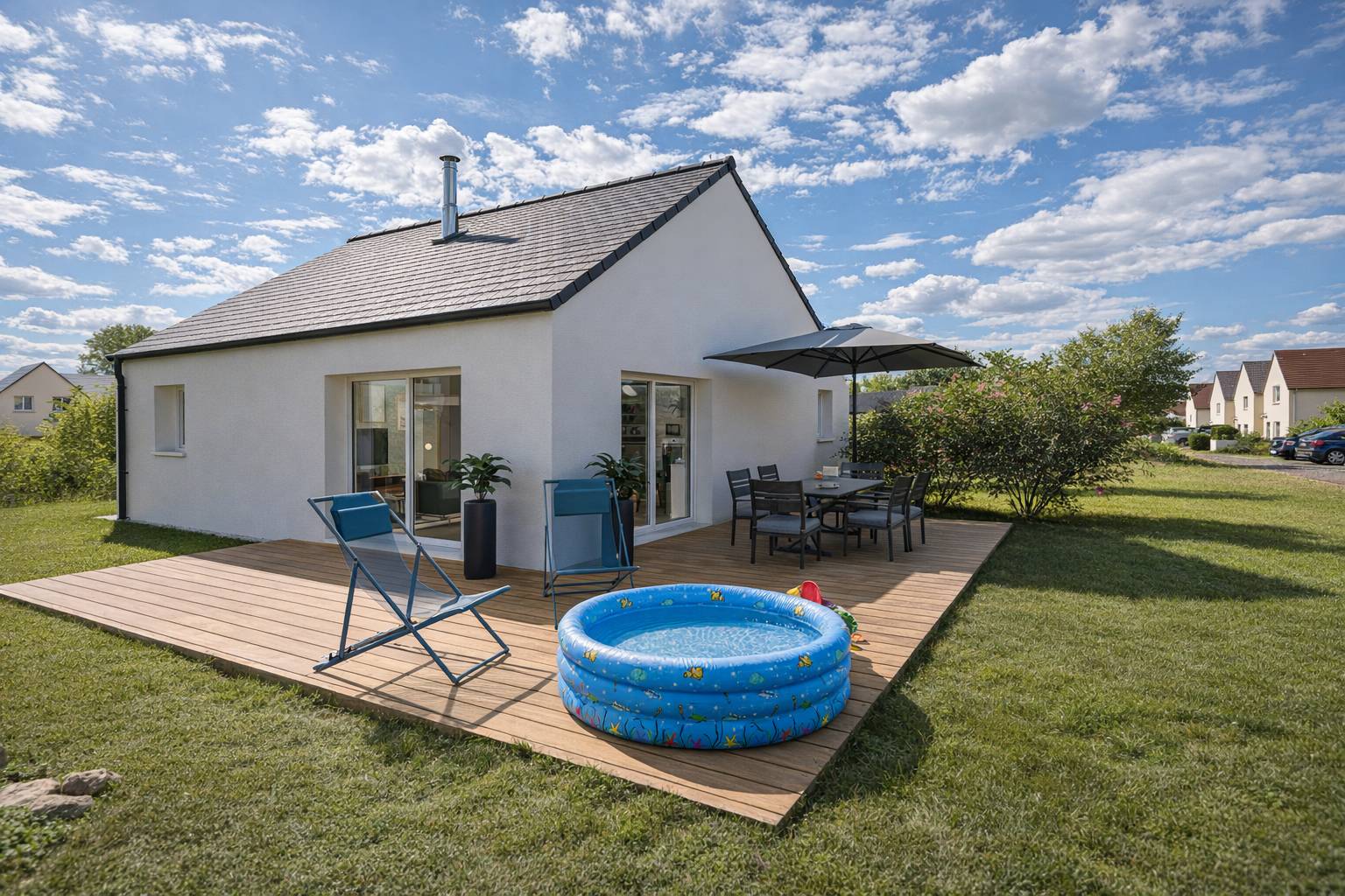 Jardin arrière avec terrasse bois piscine gonflable et salon de jardin — modèle PP-66-2 Maisons Demeurance