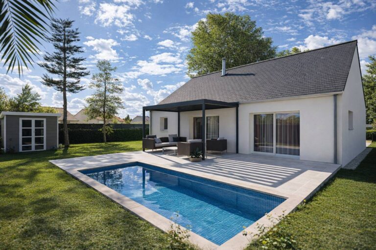 Jardin arrière avec piscine pergola bioclimatique et cabanon — modèle PPL-89-3-Gi maison plain-pied Demeurance