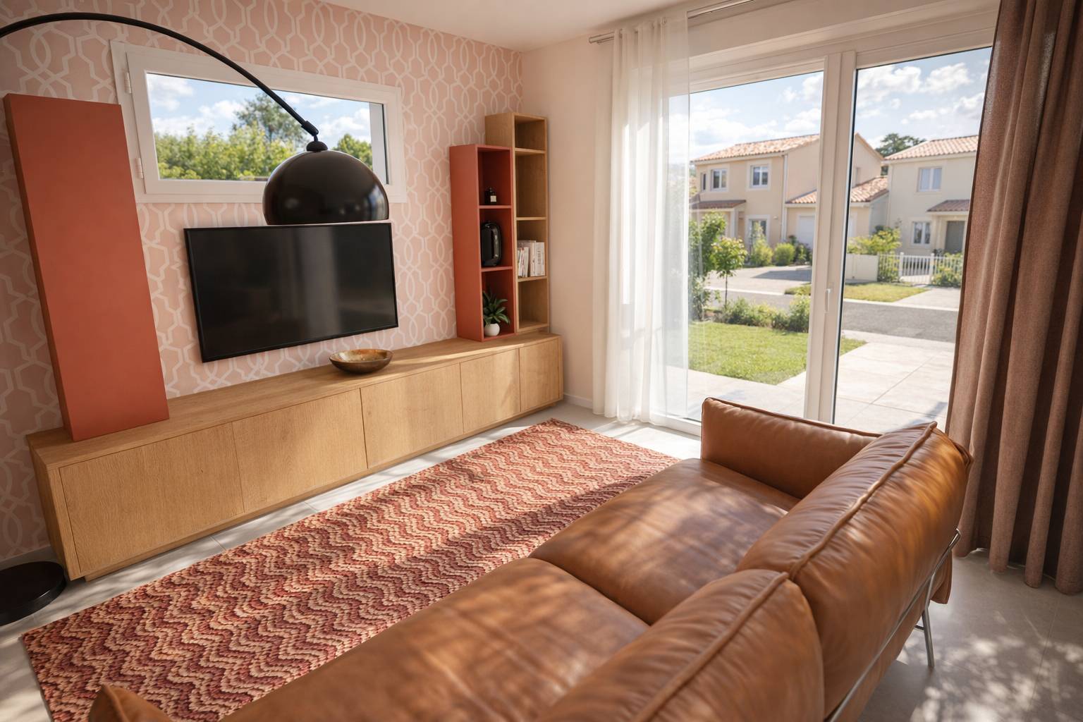 Salon avec canapé cuir cognac meuble TV bois terracotta et vue jardin — modèle PPL-89-3-Gi Maisons Demeurance